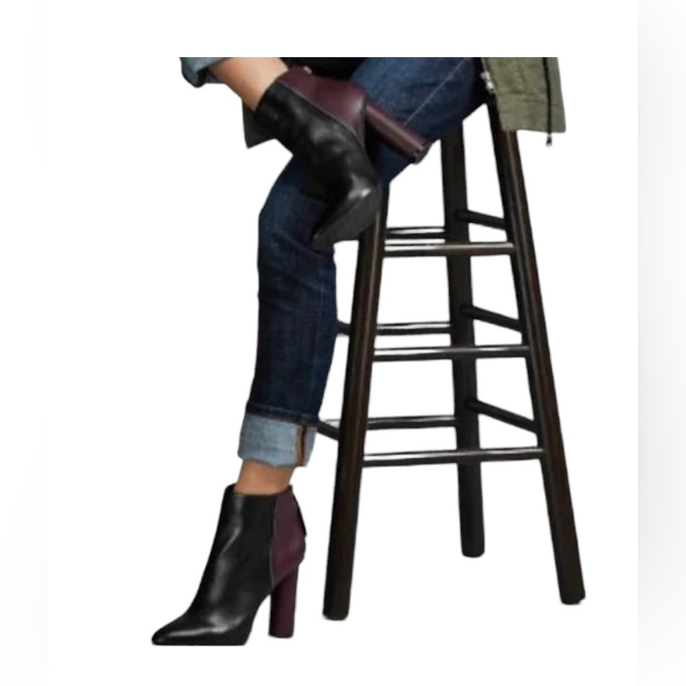 CAbi Leather Ankle Boots Block Heel Color-Block Side Zip Burgundy & Black Sz 8.5 - Picture 3 of 13